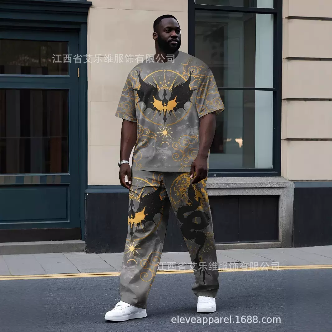 跨境男士圆领T恤长裤套装3D数码印花美国炫酷街头风格热卖运动套