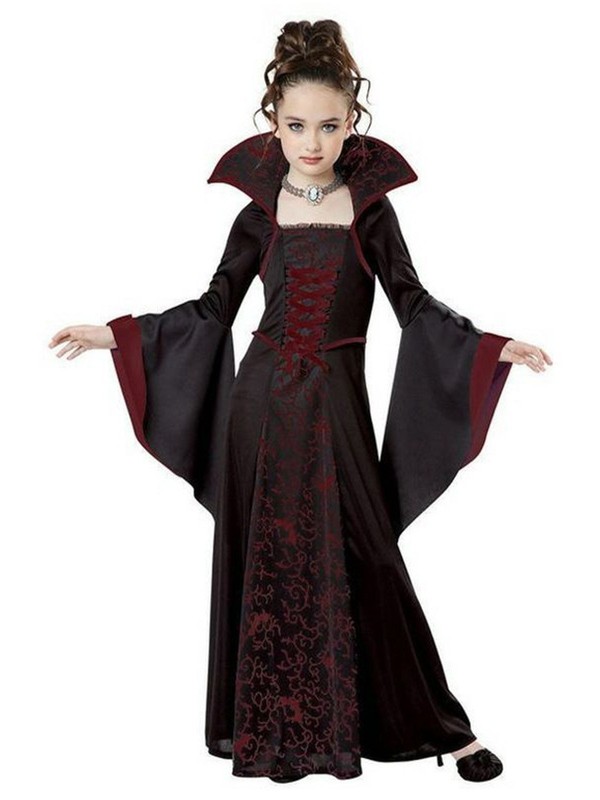 ヨーロッパとアメリカの新しいハロウィン子供用コスチューム魔女コスチューム中世レトロレースアップスタンドカラーベルスリーブプリントロングスカート|undefined