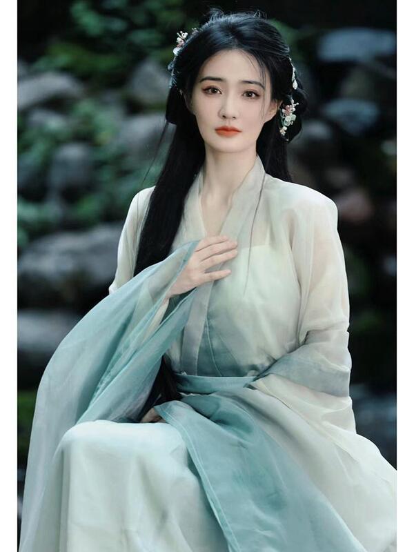 徐魯と同じスタイルの漢服女性魏晋南北朝古代衣装クールな長袖シャツクロスネックウエスト丈スカート広袖スーツ|undefined