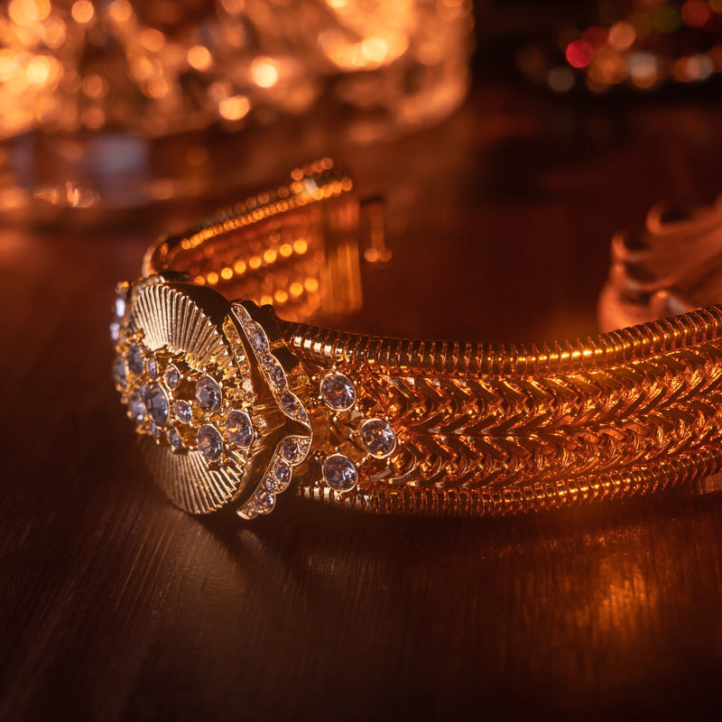 Western Antique Vintage full inlaid rhinestone craft thick plated 18K gold woven heavy industry bracelet