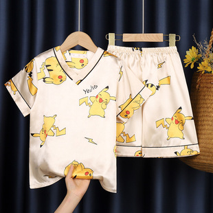 Short-sleeved Pajamas Kidsren's Suits Boys and Girls Summer Air-conditioned Clothes Summer Ice Silk Kidsren's Baby Thin Home Clothes