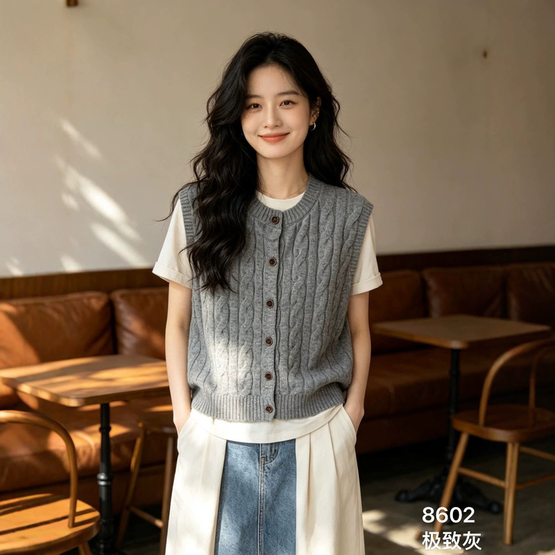 100% Wool Round Neck Cable Knit Cardigan Vest for Women, 2026 Autumn Korean Style Layered Sleeveless Sweater Vest 100% Wool Round Neck Cable Knit Cardigan Vest for Women, 2026 Autumn Korean Style Layered Sleeveless Sweater Vest