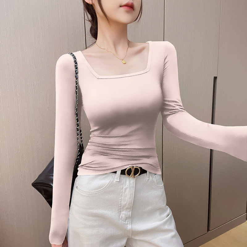 法式方领莫代尔长袖t恤女秋冬新款黑色简约修身内搭洋气打底上衣|undefined