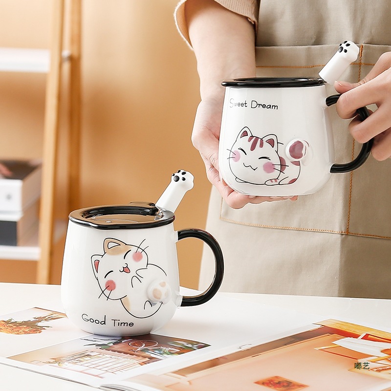 Taza de gato Mark con tapa Cuchara Taza de agua de cerámica Taza de pareja de dibujos animados de cerámica para hombres y mujeres Taza de desayuno de café de oficina