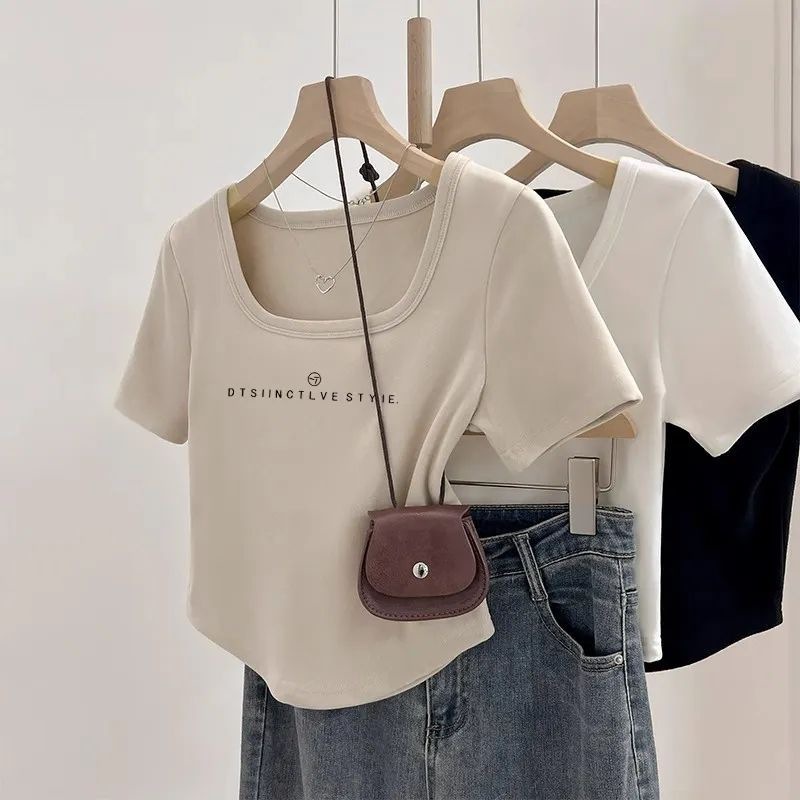 French-Style Curved Hem Square-Neck Short Ribbed Slim-Fit Short-Sleeve T-Shirt for Women, Summer Hot Girl Regular Shoulder Base Pure Desire Top