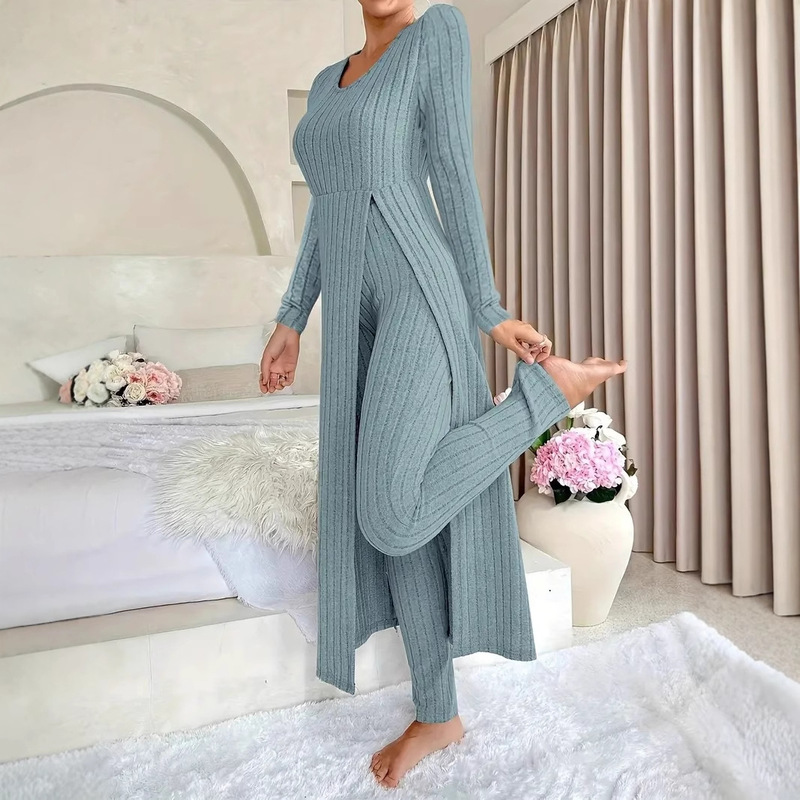 Amazon European and American Cross-Border 2025 Autumn and Winter Design Round Neck Slit Long-Sleeved Tops and Pants Two-Piece Suit for Women
