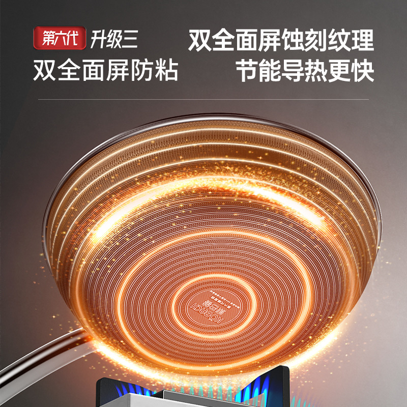 Kangbach seis generación wok hogar antiadherente de acero inoxidable doble panal wok doble fondo punto rojo sensible a la temperatura antiadherente WOK