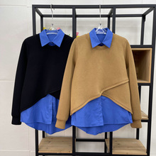 設計感假兩件太空棉衛衣女2022冬季新款疊穿襯衫拼接POLO領上衣