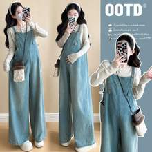 孕妇背带裤套装潮妈春秋季时尚款韩版减龄牛仔直筒阔腿长裤两件套