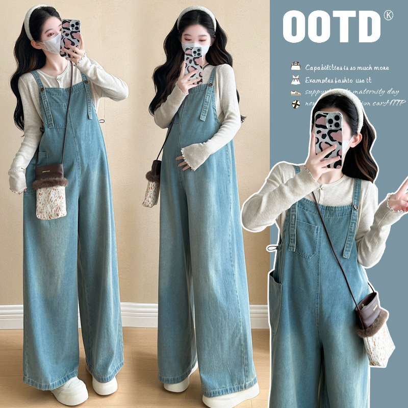 Pregnant Women's Backband Pants suit Trendy Mom's Spring and Autumn Fashion Korean-style Age-reducing Denim Straight-leg Wide-leg Pants Two-piece Set