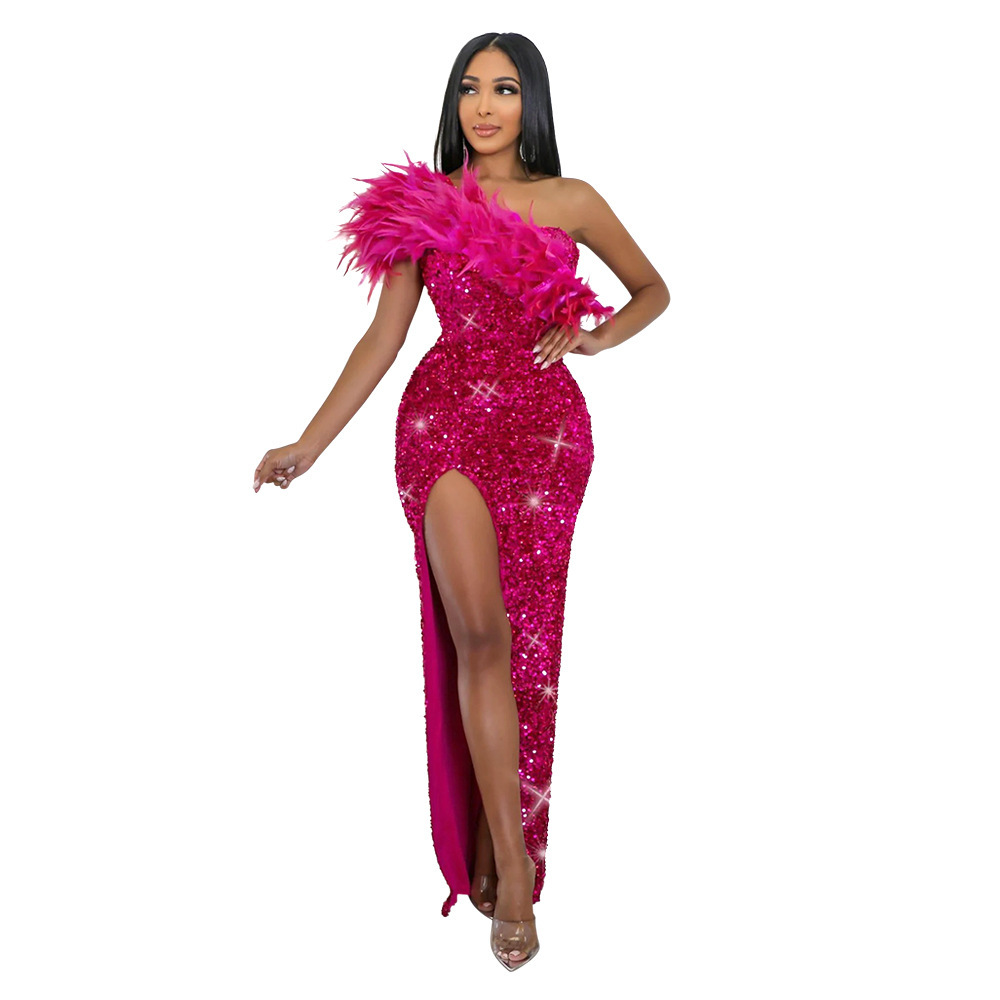 Women's Clothing women's summer sexy fashion feather oblique collar banquet dress skirt sequin slit long skirt_voghion.com