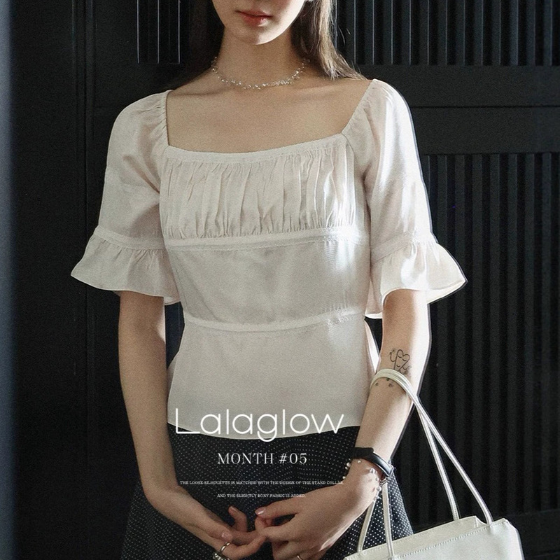 Lalaglow Full Acetate French Puff Sleeve Square Neck Lace Patchwork Shirt