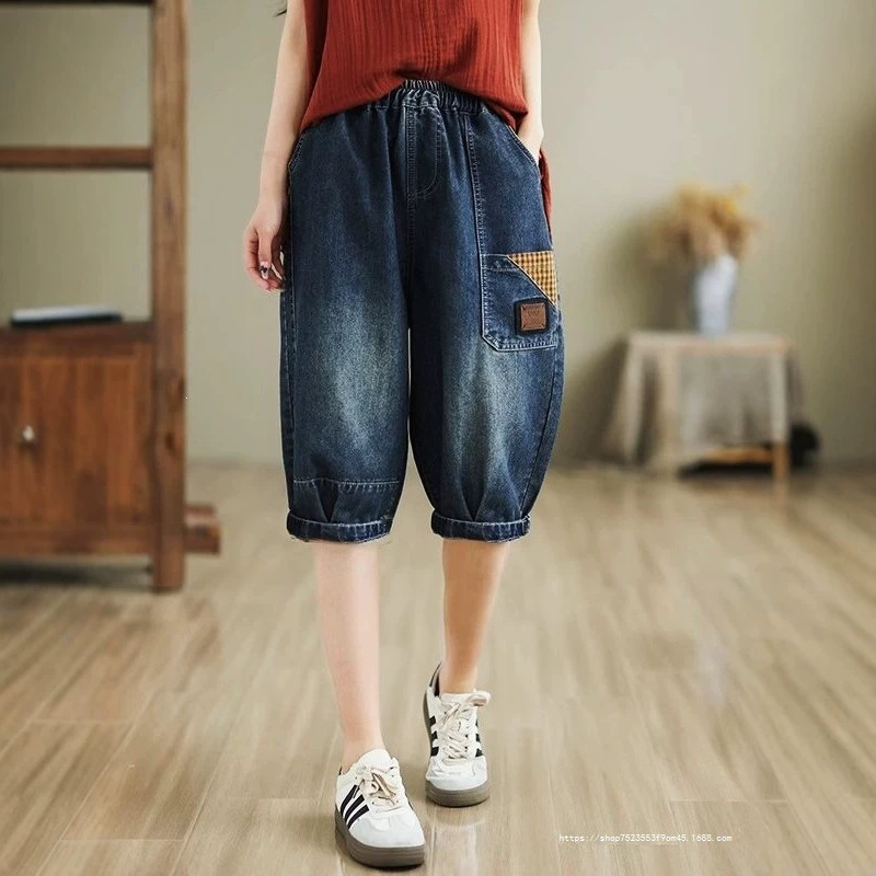 Women's Denim Shorts, Summer Thin Style, Vintage Artistic Patchwork, Loose Fit, Elastic Waist, Casual Mom Style, Slimming Five-Point Pants