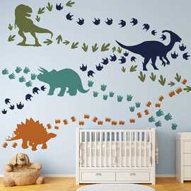 亚马逊新款恐龙脚印贴纸水彩动物儿童房卧室自粘PVC装饰卡通贴画