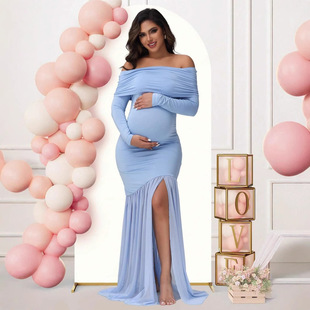 European and American Maternity Wear Long-Sleeved One-Shoulder Maternity Dress Elegant Slim Fit Hip-Covering Mesh Splicing Dress Maternity Dress