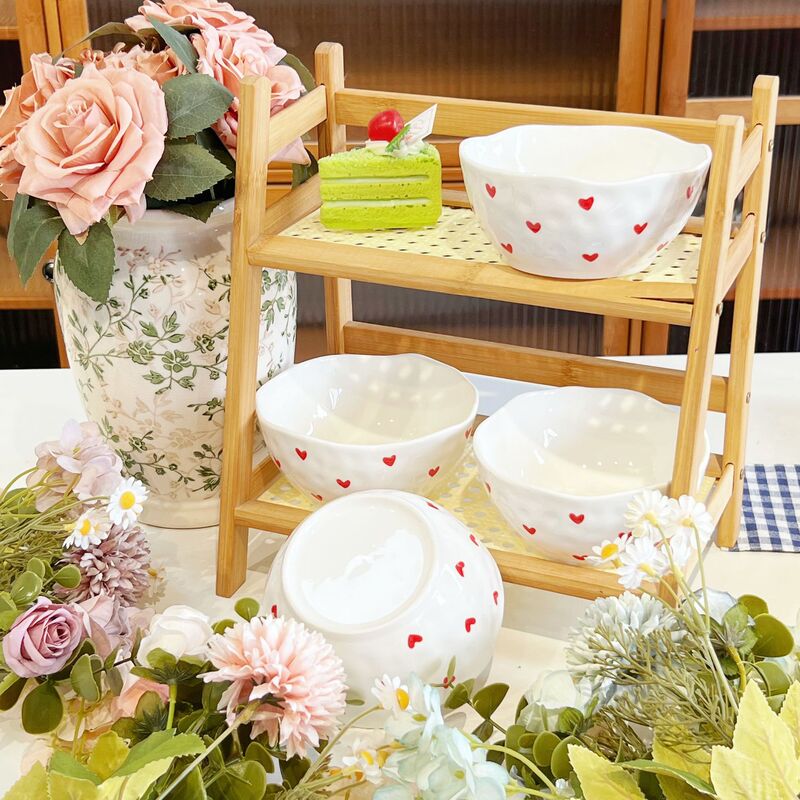 Korean-Style Ins Hand-Painted Small Heart Love Ceramic Hand-Kneaded Bowl with High Aesthetic Cute Patterns for Daily Desserts at Home