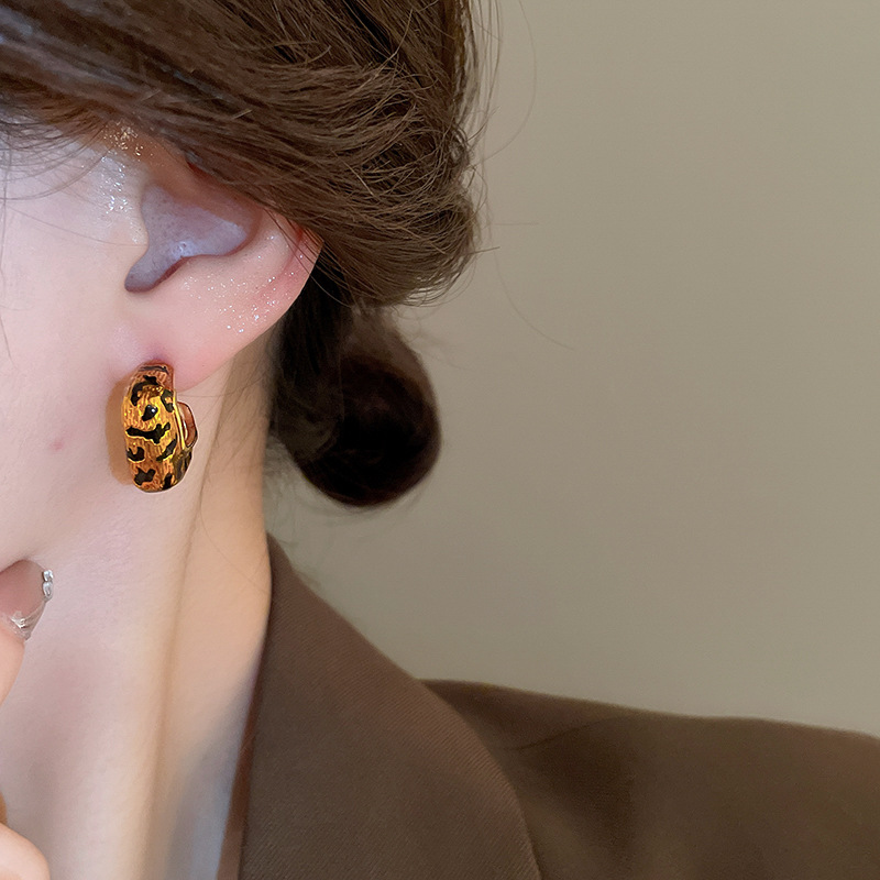 Boucles d'oreilles à clous géométriques à imprimé léopard en or véritable plaqué or haut de gamme, boucles d'oreilles rétro, boucles d'oreilles à la mode et au tempérament_voghion.com