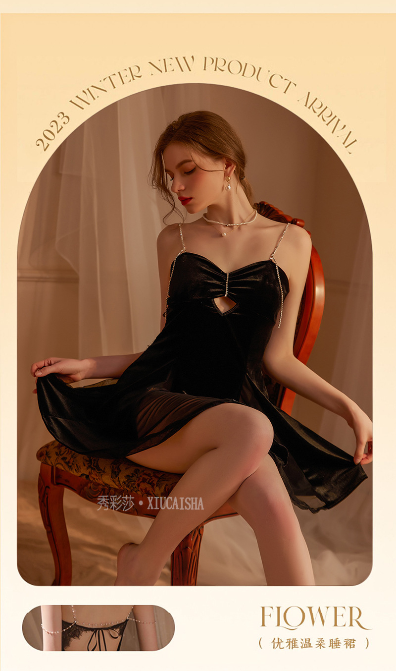 Red Velvet-Feel Sling Nightgown with Rhinestone Detail, One Size, Roleplay Lingerie — detail image 17