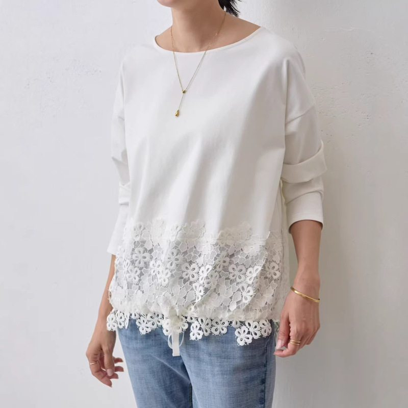 2026 Mori Girl Style Heavy Lace Trim Loose Soft Slimming Long-Sleeve T-Shirt Artistic Top 2026 Mori Girl Style Heavy Lace Trim Loose Soft Slimming Long-Sleeve T-Shirt Artistic Top