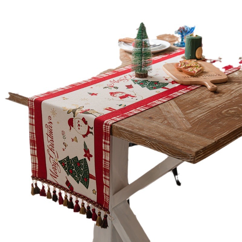 Weihnachtsdekorationsanordnung, Polyester-Quasten-Tischläufer, garngefärbter Jacquard-Schneemann, Weihnachtsbaum, Weihnachtstischdecke_voghion.com