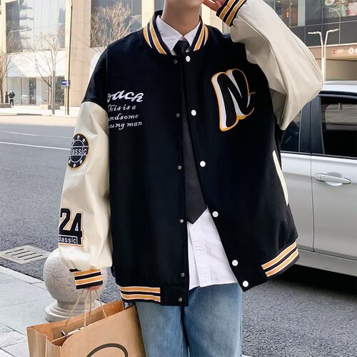 American Retro Brand Patchwork Baseball Jacket for Men - Autumn New Arrival Loose Fit Versatile Casual Hip-Hop Couple Jacket