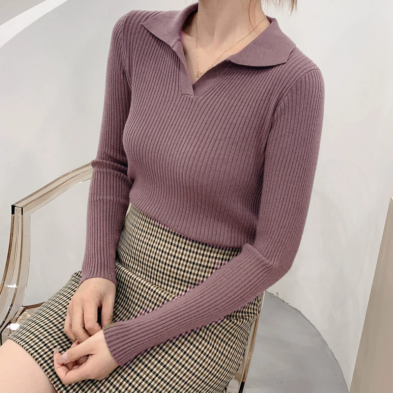 Внутренний свитер с воротником-поло для женщин, приталенный крой, короткий стиль, небольшой лацкан, осень и зима, нежный стиль, базовый вязаный свитер.