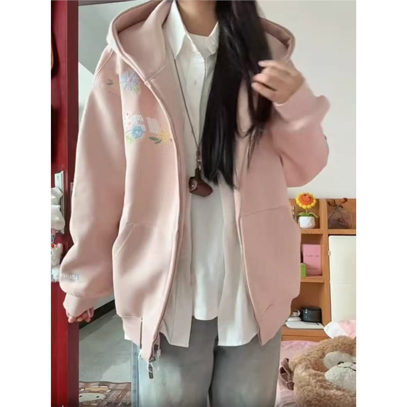 美式高街粉色花卉刺绣连帽卫衣女秋冬2025加绒宽松开衫外套潮