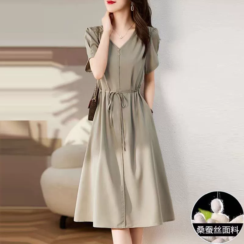 Шелковое платье женское лето 2024 новое женское летнее платье маленькое стройное с V-образным вырезом летнее с коротким рукавом элегантная юбка