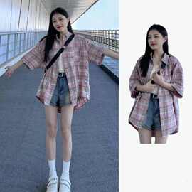 韩版hiphop复古撞色格子短袖衬衫女秋夏宽松oversize情侣百搭衬衣