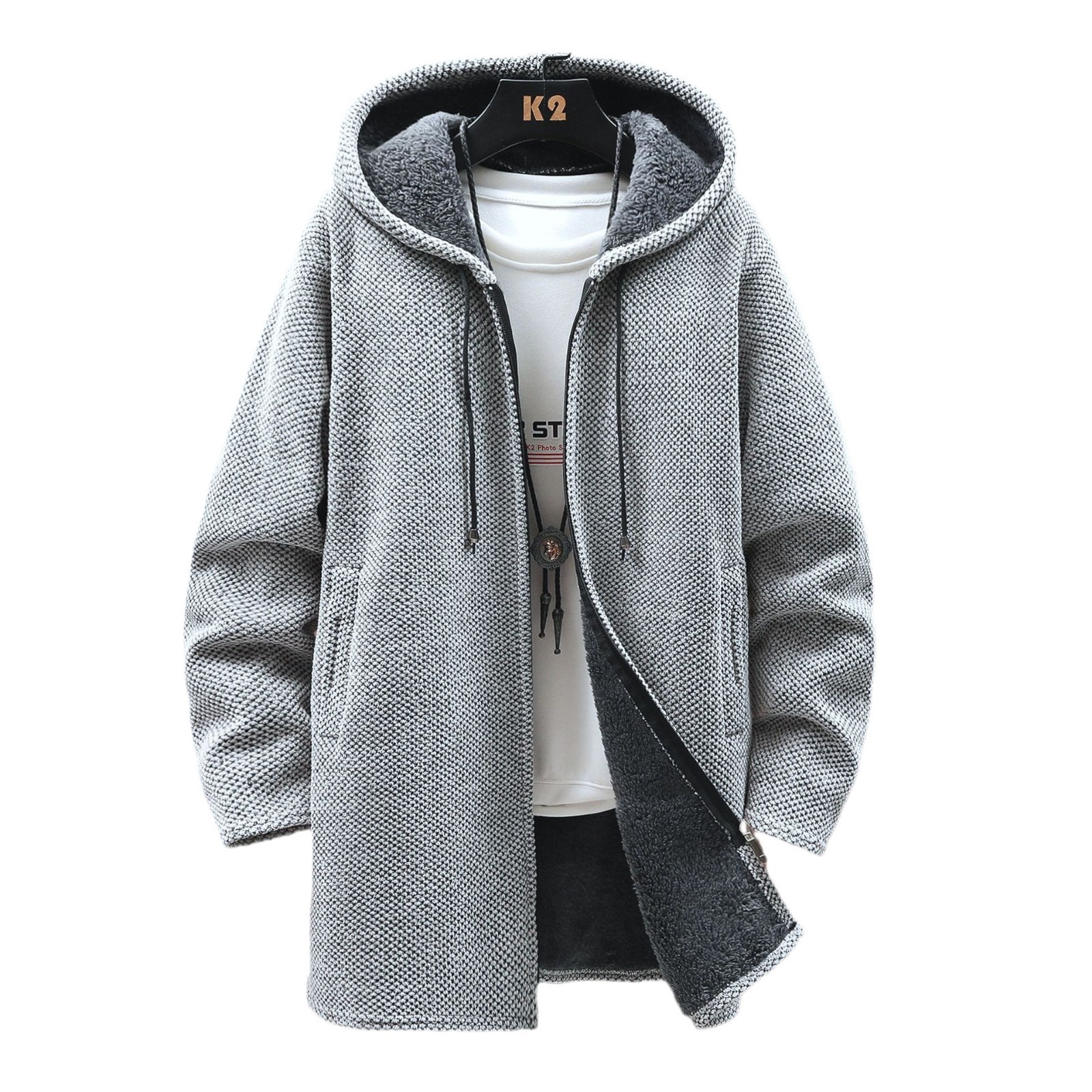 Pull long à capuche en chenille pour homme – Pull en tricot coupe slim doublé polaire avec ourlet côtelé_voghion.com