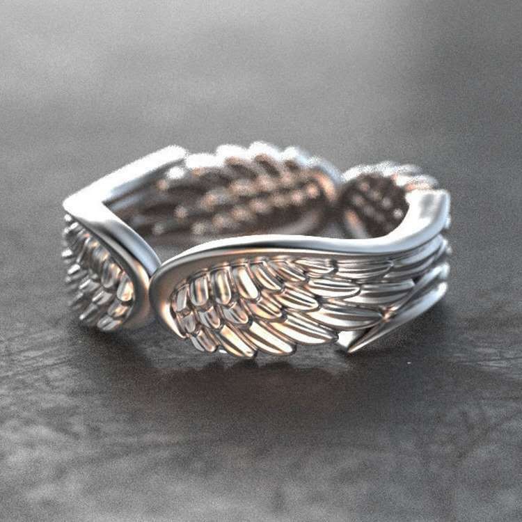 Anillo de Plumas con Alas de Ángel de Diseño Original Popular Transfronterizo, Anillo Negro de Plata Tailandesa Retro Europeo y Americano