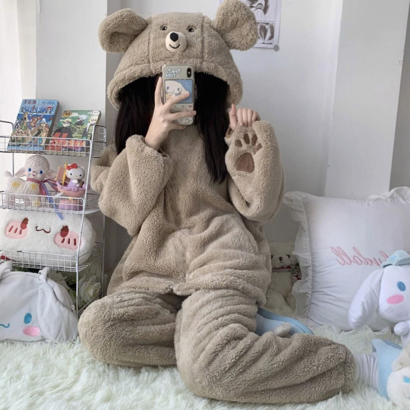 (2개) INS 귀여운 곰 보물 산호 양털 잠옷 여성의 겨울 기모 두꺼운 따뜻한 플란넬 한국식 홈웨어 세트