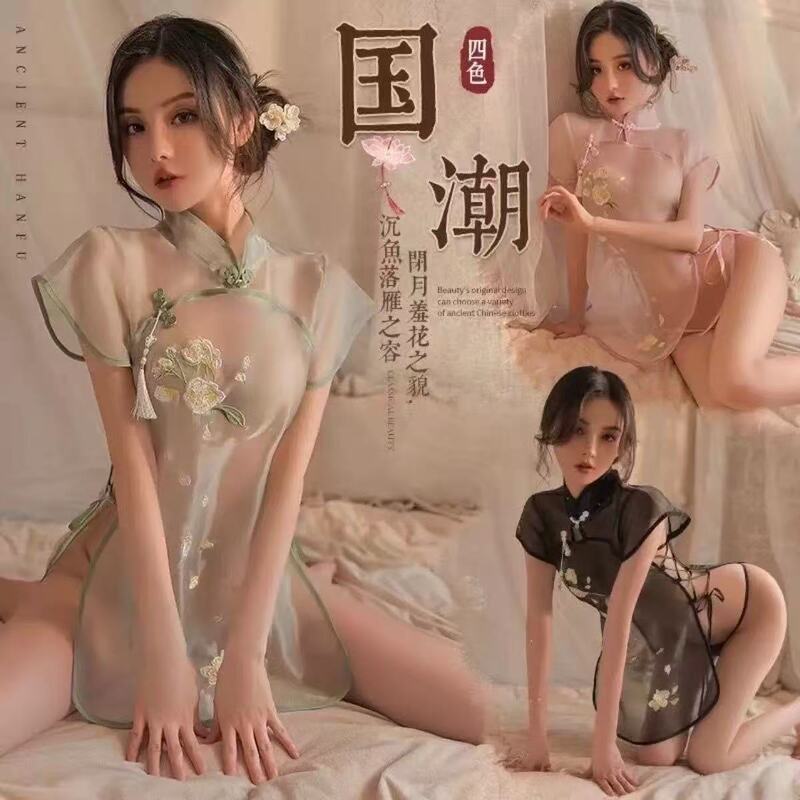 Sexy and alluring high-appearance uniform, see-through classical stand-up collar, sexy cheongsam, vintage embroidered set 1897