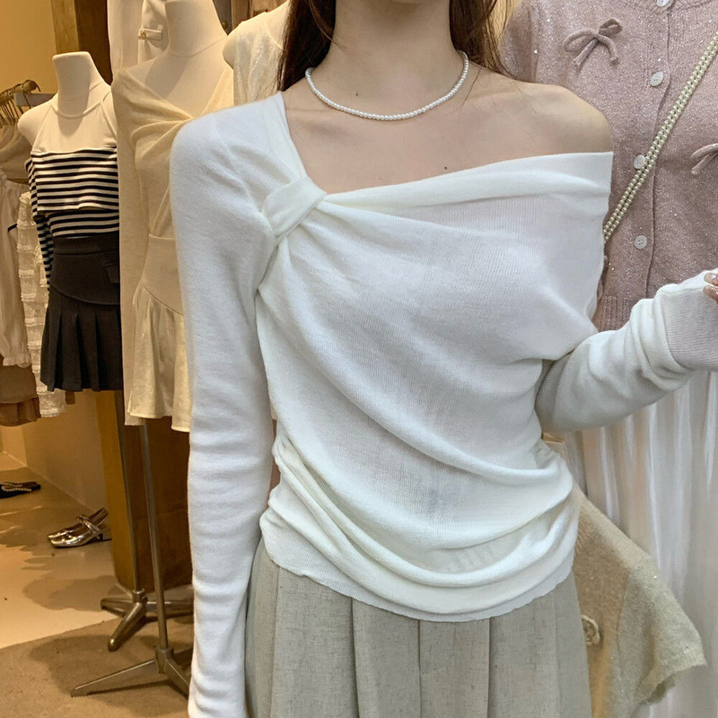2025年春秋季新款抽褶不规则设计感小众薄款针织衫女长袖小衫上衣|undefined