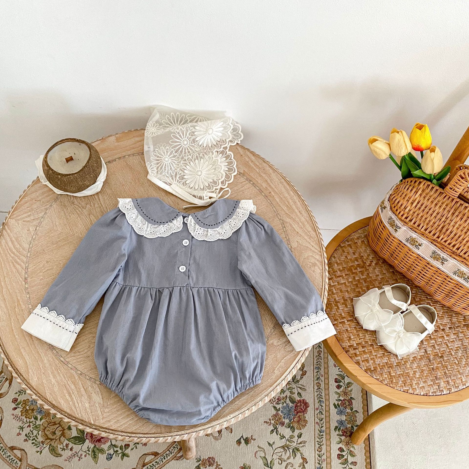 INS 2024 Herbst Baumwolle Klasse A Schwestern Mädchen Baby Spitze Puppe Hals Langarm Furz Gewickelt Romper + Rock_voghion.com