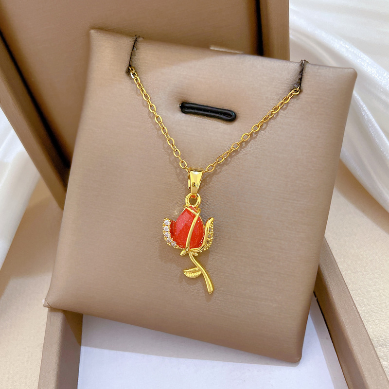 Wunderschöne Rote Rosenhalskette Mit Strass Aus Edelstahl_voghion.com