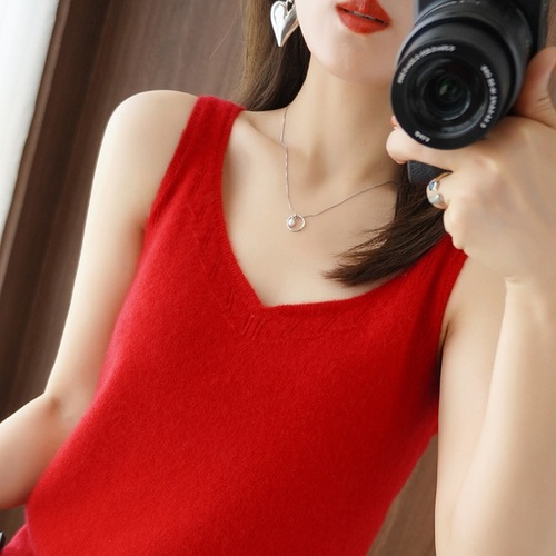 Excellent Class A V-neck Hollow Cashmere Camisole Women's New Bottoming Shirt Wool Vest Solid Color Inner Wholesale