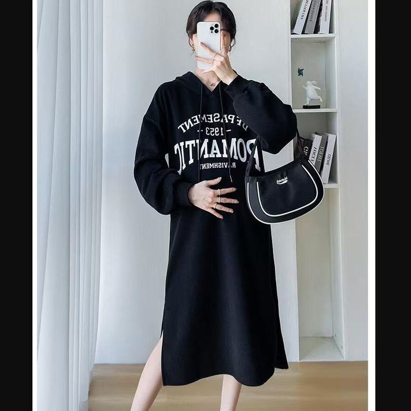 秋冬慵懒风印花字母长袖孕妇连衣裙女胖mm开叉中长款连帽卫衣裙子|undefined