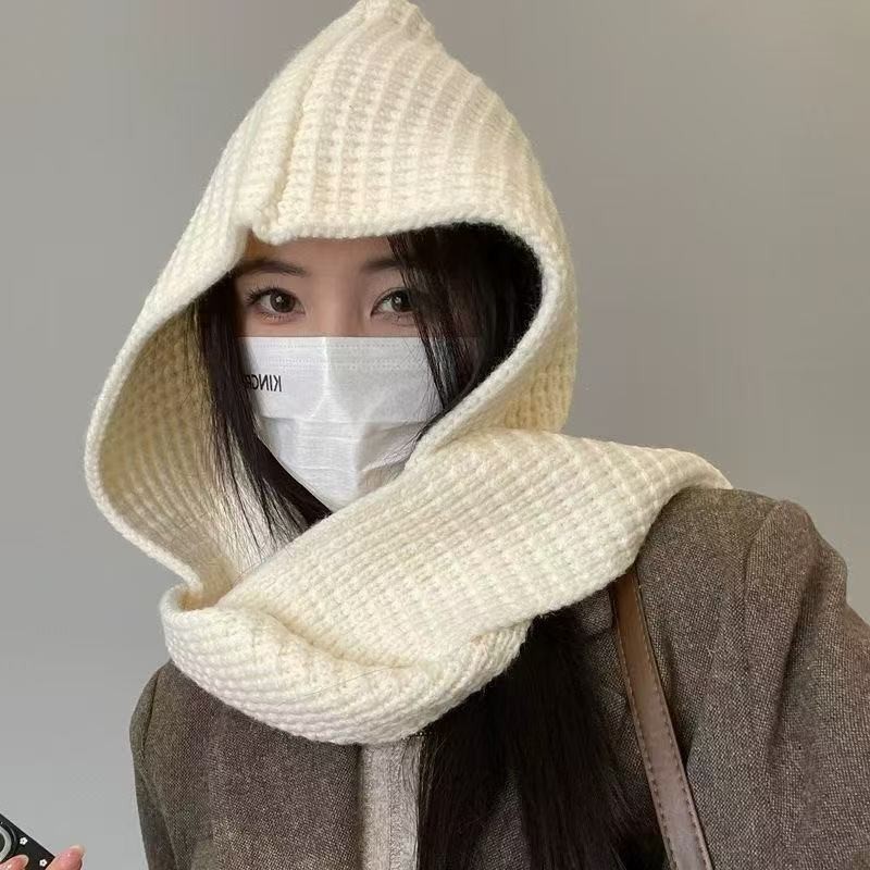 韩版披肩帽子围巾一体两件套纯色保暖秋冬季两用针织拉法是时尚帽|undefined