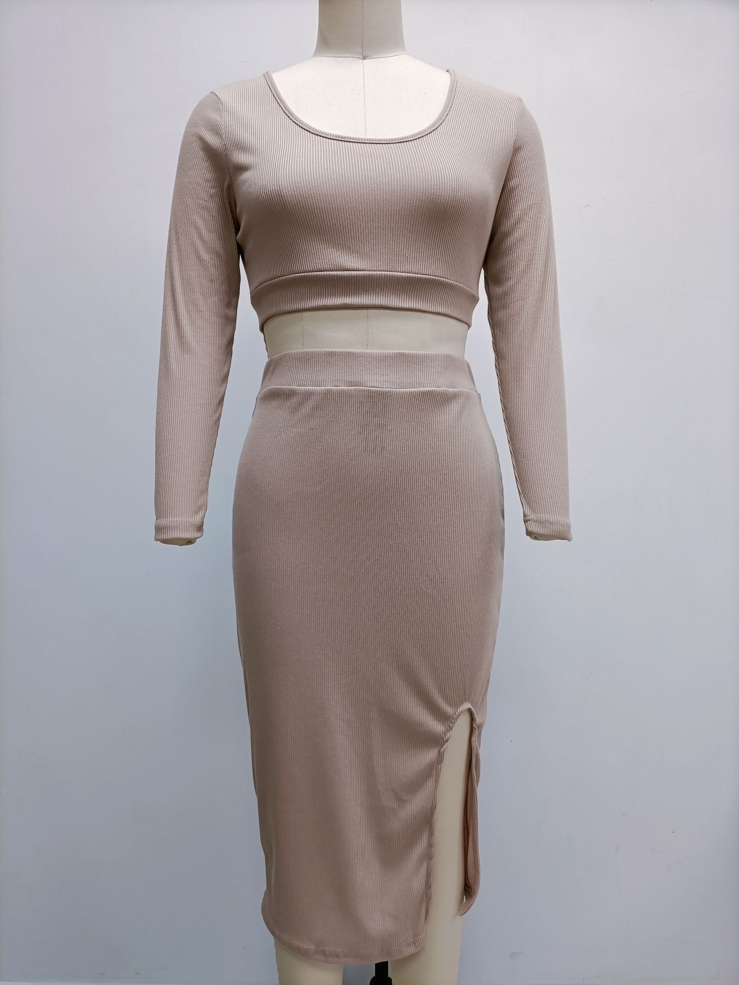 Autumn Winter Women Clothing Solid Color Thread Long Sleeve Sexy Split Maxi Dress Two Piece Set