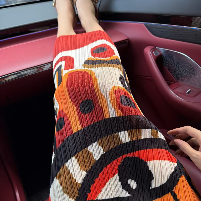 Pleated Skirt - Elegant Small Eye Print Versatile Slimming A-Line Skirt with Side Slits 2024-47-75 Pleated Skirt - Elegant Small Eye Print Versatile Slimming A-Line Skirt with Side Slits 2024-47-75