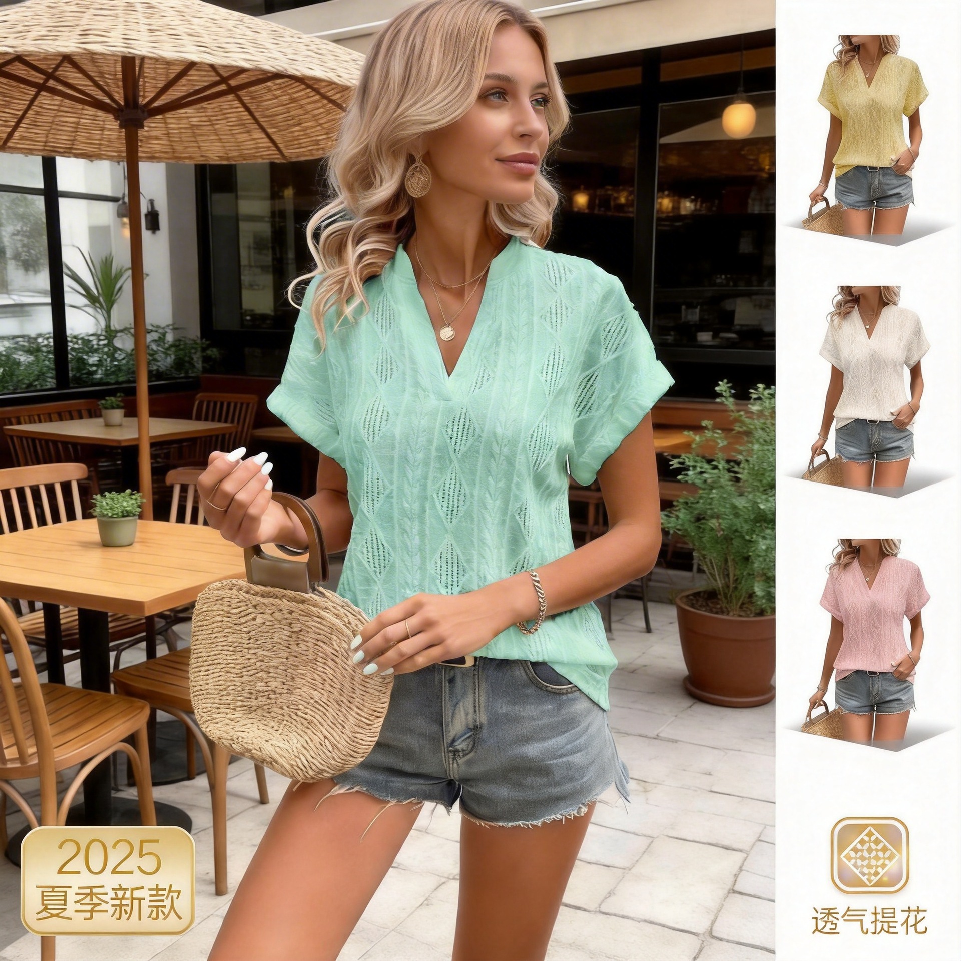 Amazon 2025 European and American Cross-Border Summer New Casual Women's Jacquard V-Neck Loose Short-Sleeved Shirt for Women