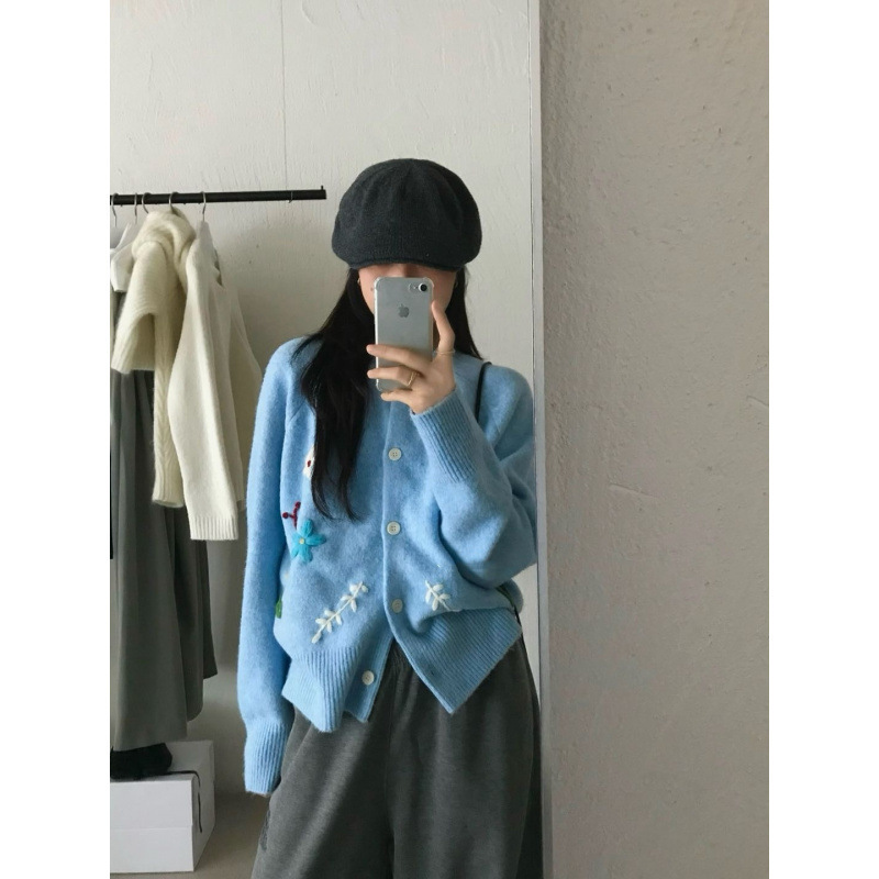 KANING温柔风刺绣花朵单排扣针织开衫女2025秋冬新款软糯毛衣上衣|undefined