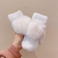 Korean Style Fashion Fox Fur Ball Winter Gloves for Women, Fleece Lined, Thick, Coldproof, Warm, Solid Color, Full Finger Gloves