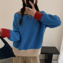 复古撞色polo领套头毛衣女2025秋冬新款韩版宽松慵懒风针织上衣女