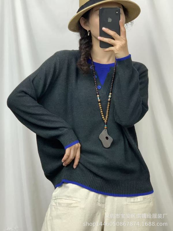 琪镌绘制秋季新款女装百搭撞色圆领假两件套头长袖打底毛衣线衫潮|undefined