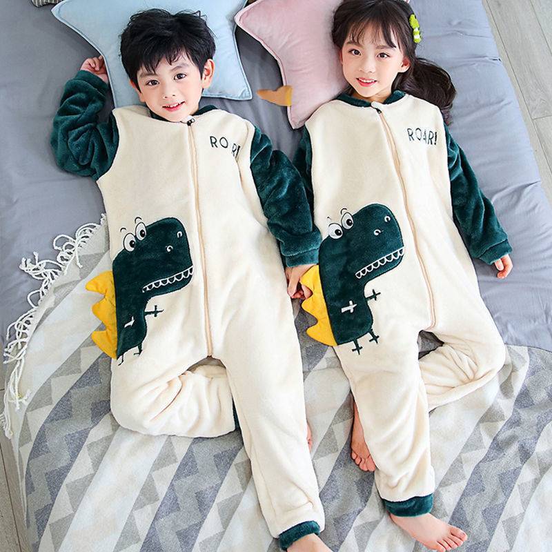 Children's One-Piece Pajamas, Autumn and Winter Coral Velvet Boys' Sleeping Bags, Medium and Large Kidsren's Girls' Flannel Thickeneded Home Clothes