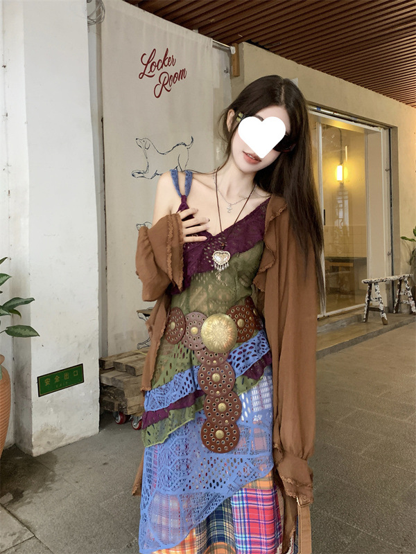 中空かぎ針編みサスペンダースカートホリデースタイルカラーブロックチェック柄スカート長袖カーディガン女性の夏の新しいファッションスーツ|undefined