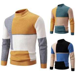 2025 Winter New Men's Half-Turtleneck Color-Block Pullover Sweater Knitwear Korean Style Youth Fashion Casual Top
