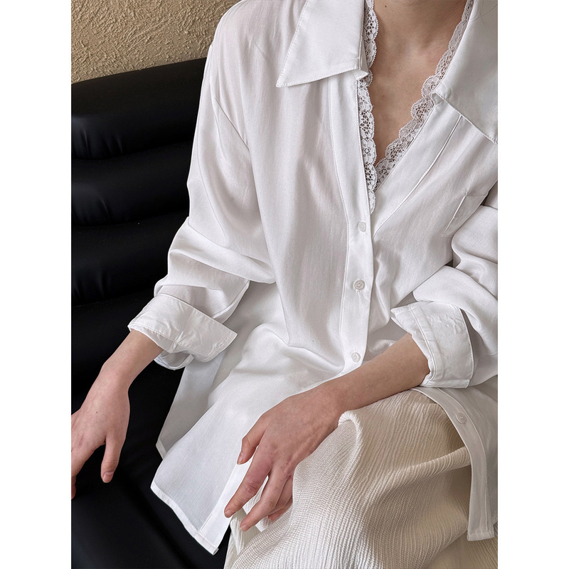 Luxi French-Style Polo Collar Lace Patchwork Shirt for Women, New Spring Model, Niche High-End Elegant Top 3550